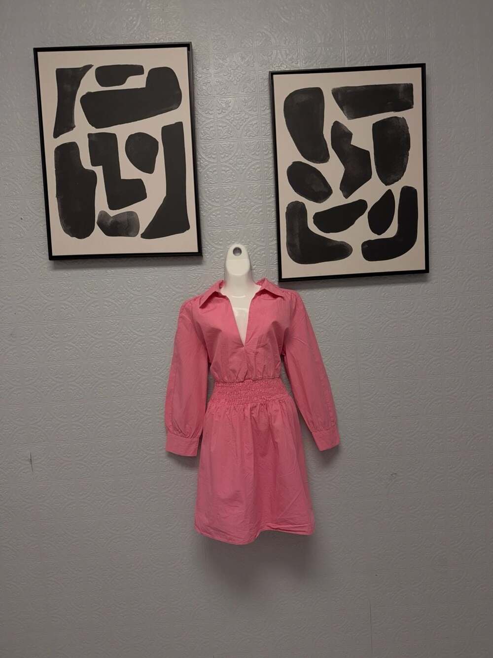 Zara Pink Poplin Mini Dress with Smocked Waist and Long Sleeves